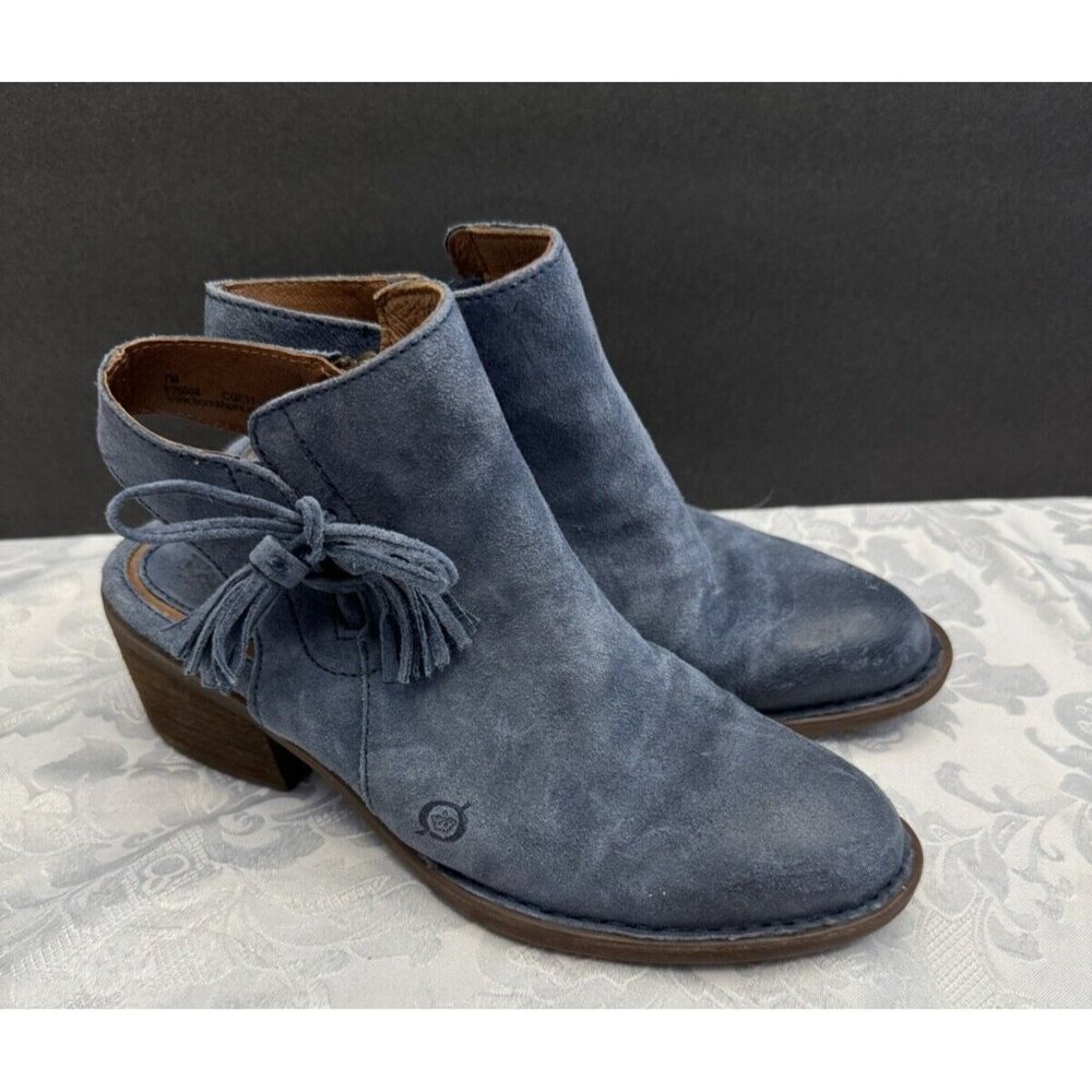 Born Womenโs Size 7M Monkiah Blue Sling back Bootie Tasseled Bow Distressed Shoe